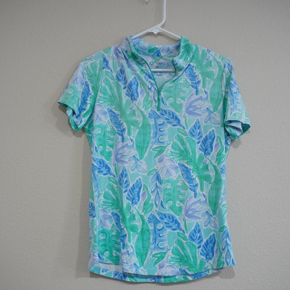 IBKUL Women's Size Medium Quarter Zip Sun Shirt Blue Green Tropical Leaf UPF50